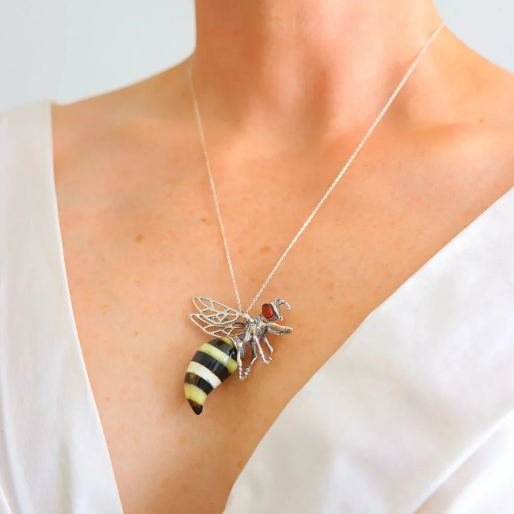 Baltic Amber Bumble Bee Pendant Necklace 925 Sterling Silver